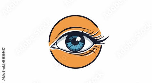 Stylized blue eye with long lashes within an orange circle