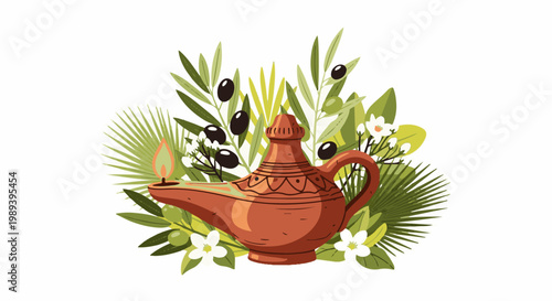 An ancient lamp with flame, surrounded by olive branches and white blossoms