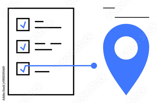 Task management, logistics planning, geolocation services, productivity tools, to-do lists, digital mapping. Image shows a checklist connected to a blue location pin. Task management and geolocation