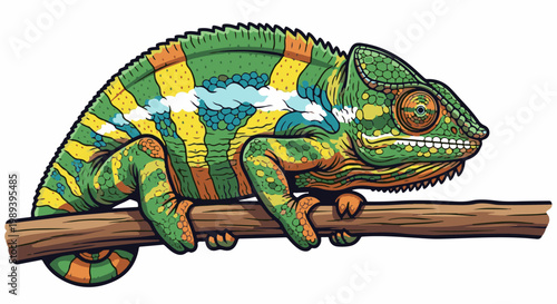 Colorful chameleon with intricate patterns perched on a wooden branch