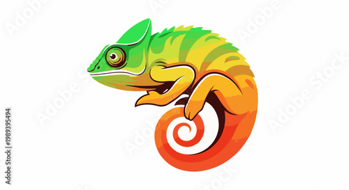 Colorful chameleon with a curled tail and green crest
