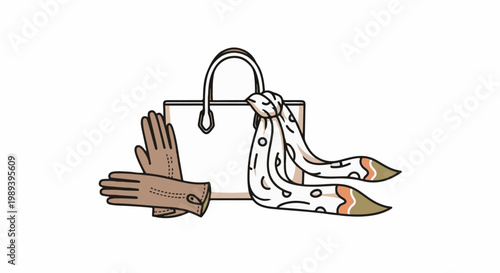 A white tote bag with brown gloves and a patterned scarf