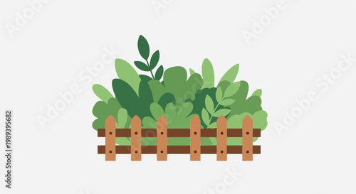 A simple illustration of a wooden fence in front of lush green foliage