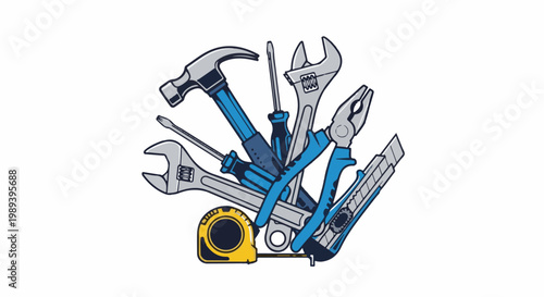 Assortment of hand tools including wrenches, screwdrivers, pliers, hammer, cutter