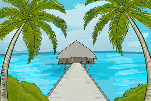 A charming thatched roof bungalow extends over turquoise waters on a pier