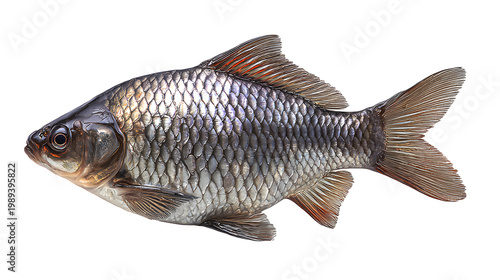 Ultra realistic HD freshwater fish silver body fins outspread, isolated on white background