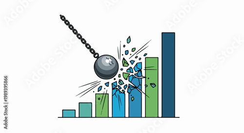 Wrecking ball destroying a rising bar graph, symbolizing financial collapse