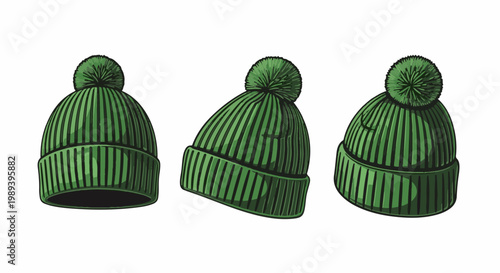 Three green knitted bobble hats are displayed from different angles