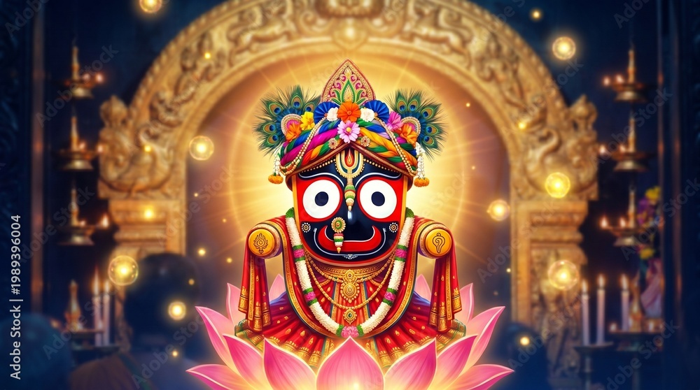 Fototapeta premium Lord Jagannath idol resting on a lotus pedestal surrounded by floating lights
