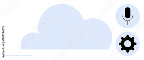Cloud computing concept. Cloud computing with voice assistant integration and gear settings for customization. Cloud computing enables data access, voice control, and personalized solutions