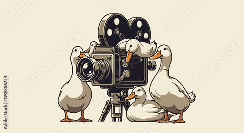 Five ducks gather around an old-fashioned movie camera on a tripod