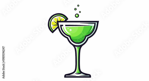 Refreshing green cocktail with lime wedge and bubbles in a coupe glass