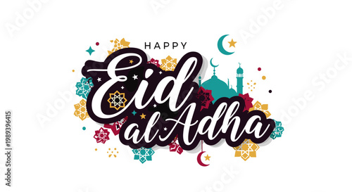 Happy Eid al-Adha greeting with Islamic mosque silhouette and decorative elements.