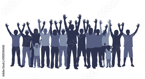 A diverse group of people raising their hands in unified celebration