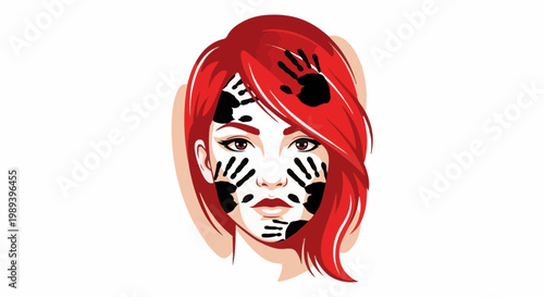 Woman with red hair and black handprints on her face