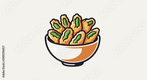 A bowl brimming with golden fried food, filled with a vibrant green center
