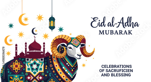 Eid al-Adha Mubarak greeting card featuring a decorated ram, mosque, crescent moons, and lanterns, celebrating sacrifice and blessings.
