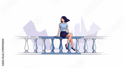 Woman in skirt and top sits on balcony railing with city skyline