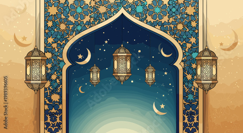 Intricate Islamic Archway with Crescent Moons and Lanterns Under a Starry Night Sky.