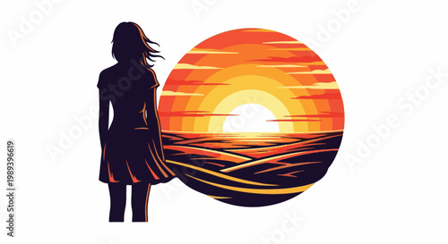 Woman observing a vibrant circular sunset over an abstract landscape