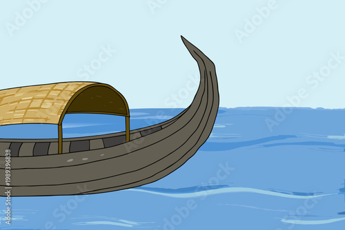 A stylized illustration depicts a traditional gondola gliding on blue water