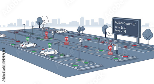Smart parking system illustration showing available spaces and level indicators