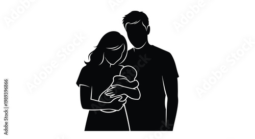 Silhouette of a couple tenderly holding their newborn baby together