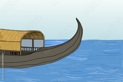 A traditional kerala houseboat gracefully floats on calm blue backwaters