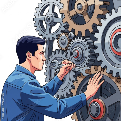 Man Assembling Mechanical Gears and Cogs.
