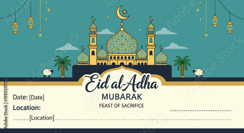 Eid al-Adha Mubarak banner featuring a mosque, sheep, palm trees, and lanterns, with space for date and location.
