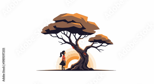 A young girl gazes upwards at a large, stylized tree with a textured trunk