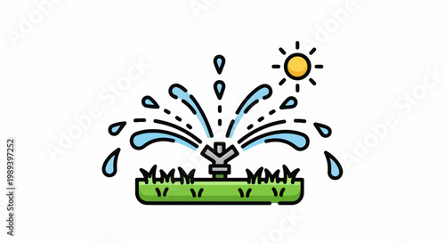 A garden sprinkler sprays water under a bright sun on a patch of grass