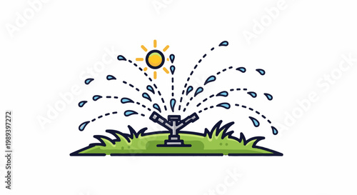 Sprinkler waters green grass under a bright yellow sun