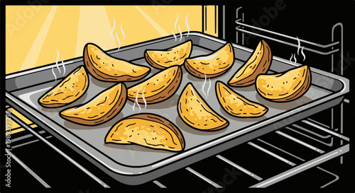 Golden potato wedges baking on a tray in a hot oven