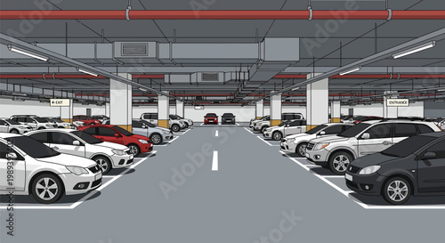 An illustration depicting a spacious indoor parking garage with several vehicles