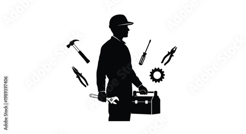 Silhouette of a tradesman holding tools and a toolbox