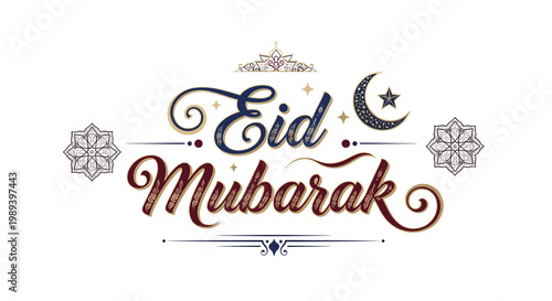 Elegant Eid Mubarak greeting card design with decorative typography, crescent moon, and star, celebrating the Islamic holiday.