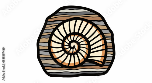 A stylized ammonite fossil with distinct whorls and layered rock texture