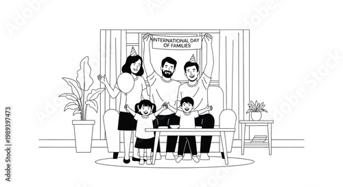 A family celebrates international day posing for a cheerful illustration
