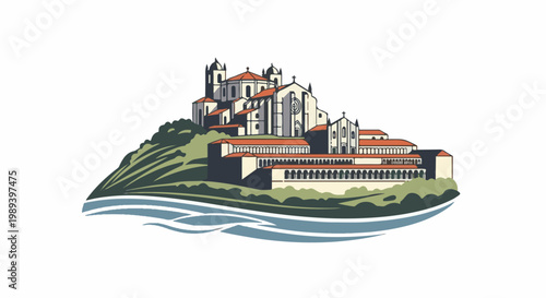 A sprawling monastic complex with red-tiled roofs sits atop a verdant hill