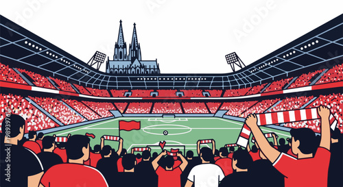 Soccer stadium filled with fans wearing red, with a cathedral in the background