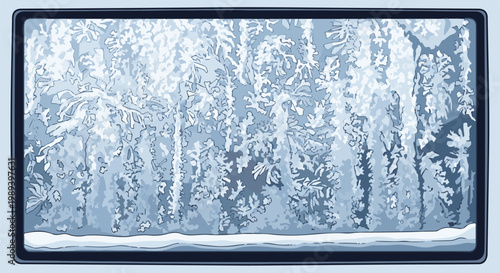 Frost patterns on a window pane with a snowy ledge