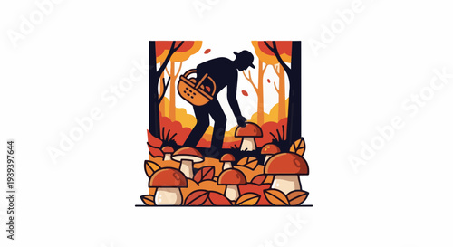 Silhouette of person picking mushrooms in a vibrant autumn forest