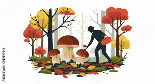 Autumn forest scene with mushroom forager and colorful trees