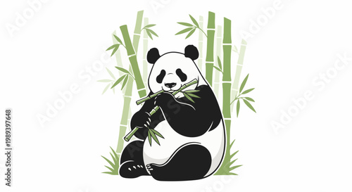 A seated panda eats bamboo shoots amidst a green bamboo forest