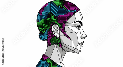 Geometric human profile with a circuit board brain
