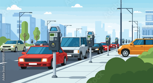 City street with parking meters and stopped traffic during the day