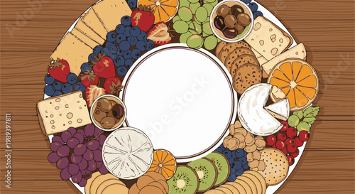 Assortment of cheese, fruits, crackers, and nuts arranged on a platter