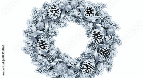 Festive winter wreath with pine cones, baubles, and ribbon accents