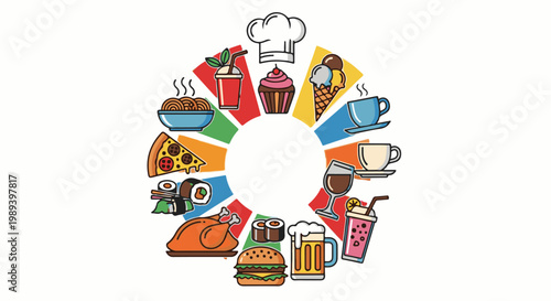 Colorful circular arrangement of diverse food and drink icons on a white background
